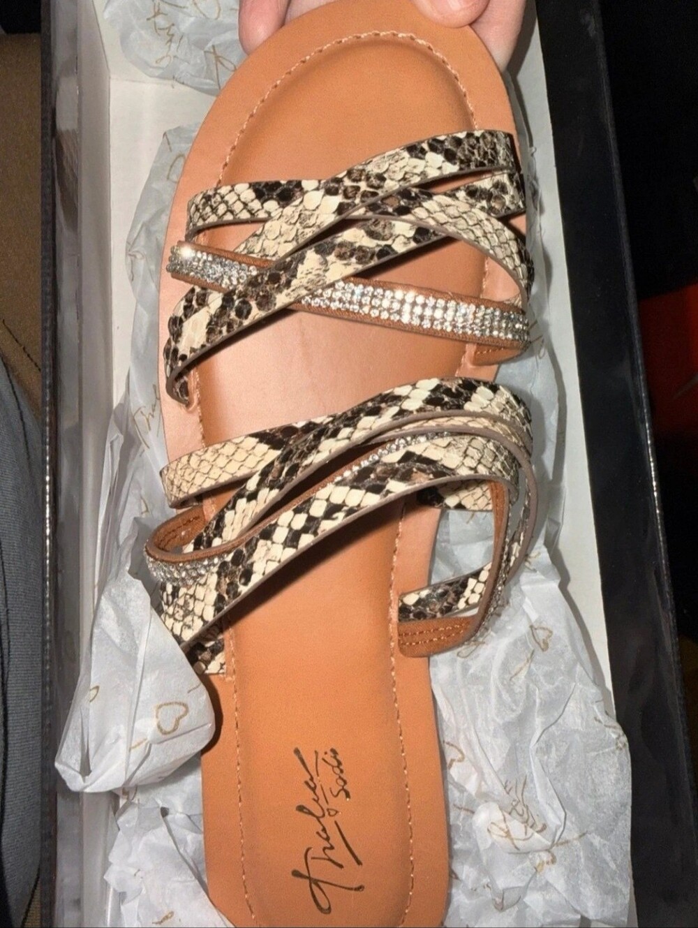 Thalia Sodi Snake-Print Rhinestone Strappy Sandal in Tan/Black